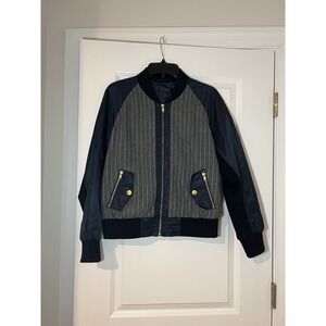 J. Crew Women's Wool & Nylon Pinstripe Bomber Jacket Size Medium Navy Blue